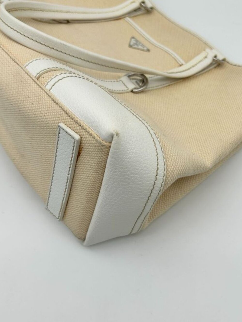 Prada Tote Shoulder Triangle Plate Logo Canvas Leather Beige - Picture 8 of 16